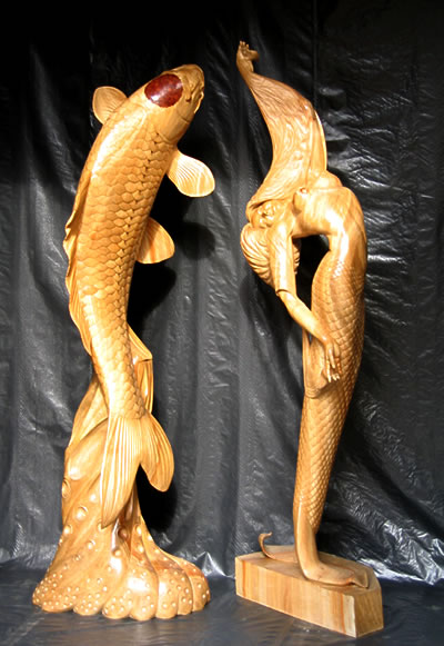 ؒ̐lƌ@mermaid and carp of wood sculpture